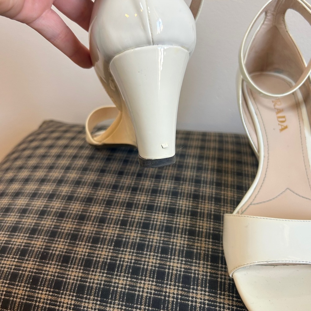 Prada White Patent Leather Wedge Sandals Ankle Strap Heels Women Size 7‎ - Picture 5 of 8